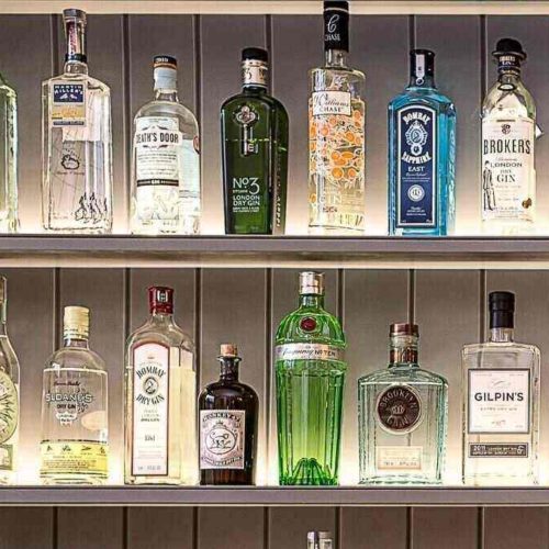 Different Gin bottles shelf
