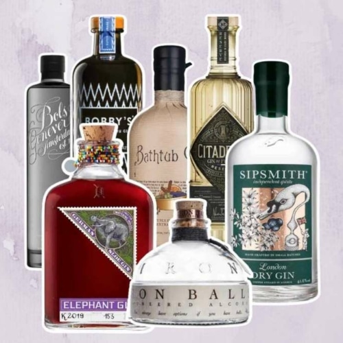 Different types of Gin bottles in violet background