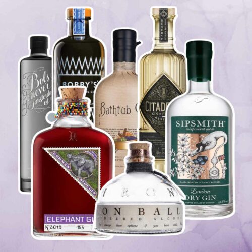 Different types of Gin bottles in violet background