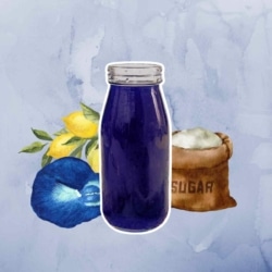 Butterfly Pea Flower simple syrup with flowers, lemon, and sugar in background