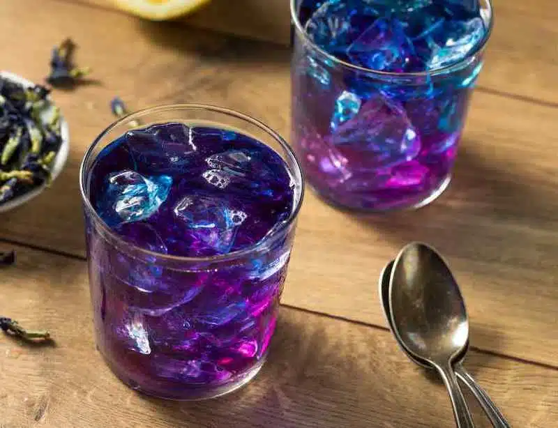 Color-changing, Non-alcoholic drink made with butterfly pea simple syrup 