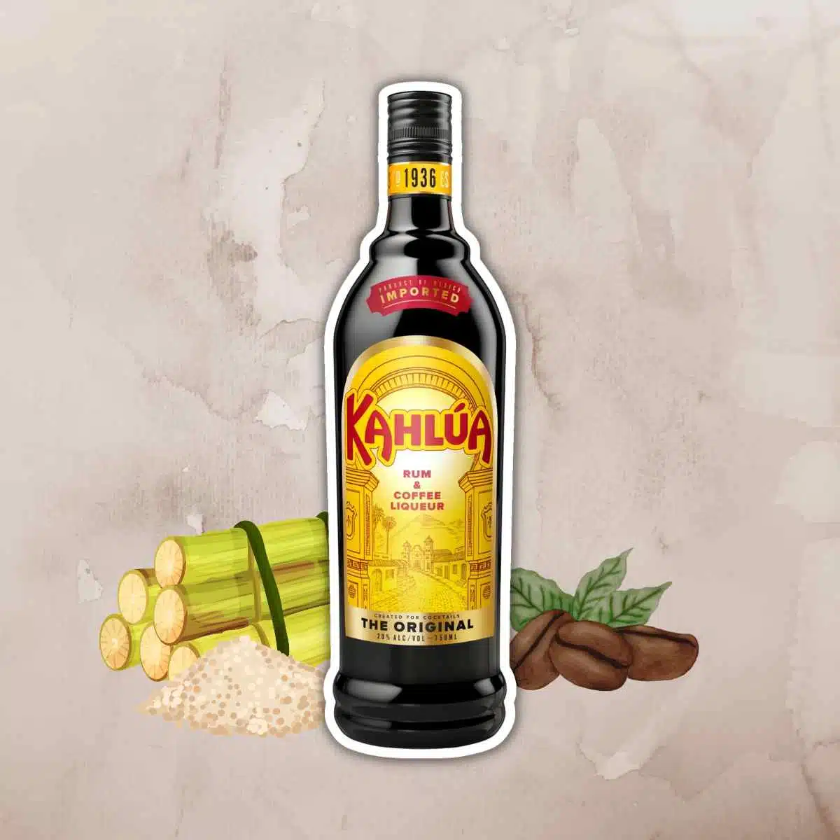 Kahlua bottle with arabica beans and sugar cane in the background