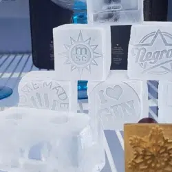 Stamped Ice cubes in freezer next to stamp