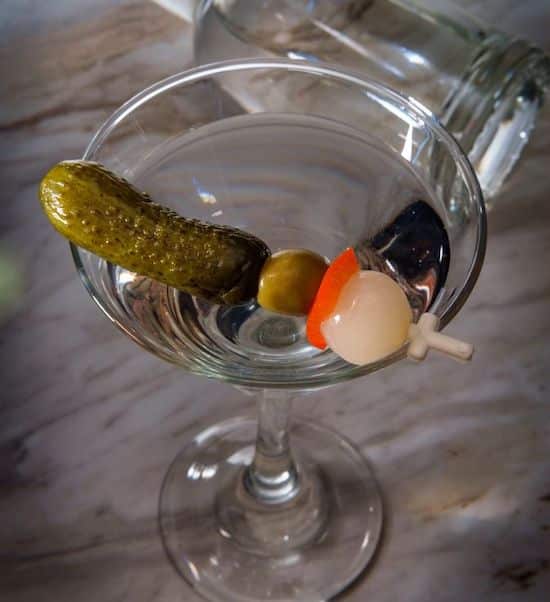 Cocktail pick on Dill Pickle Martini