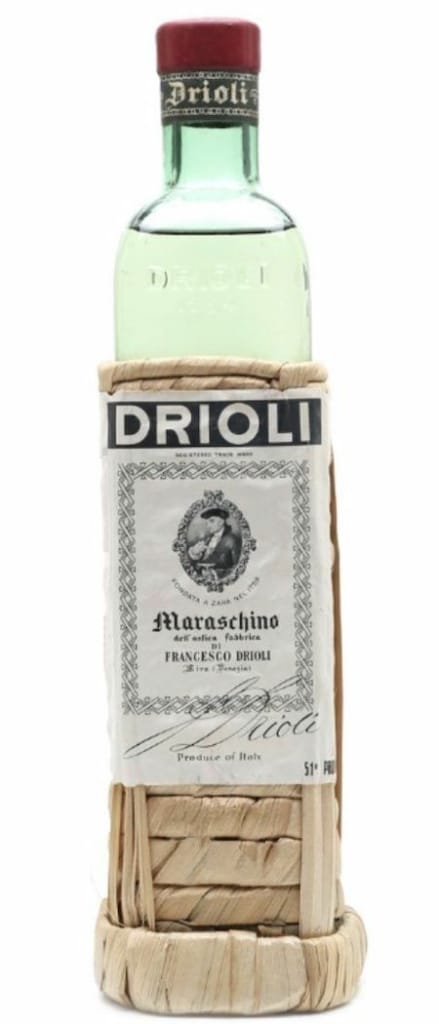 Antique Bottle of Drioli Maraschino Liqueur on white background