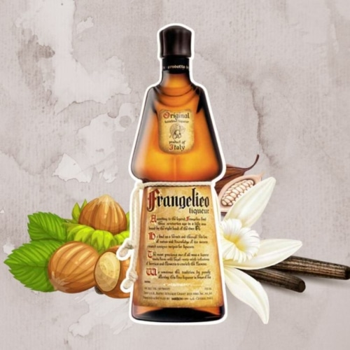 Frangelico hazelnut liqueur next to vanilla, hazelnuts, and cocoa