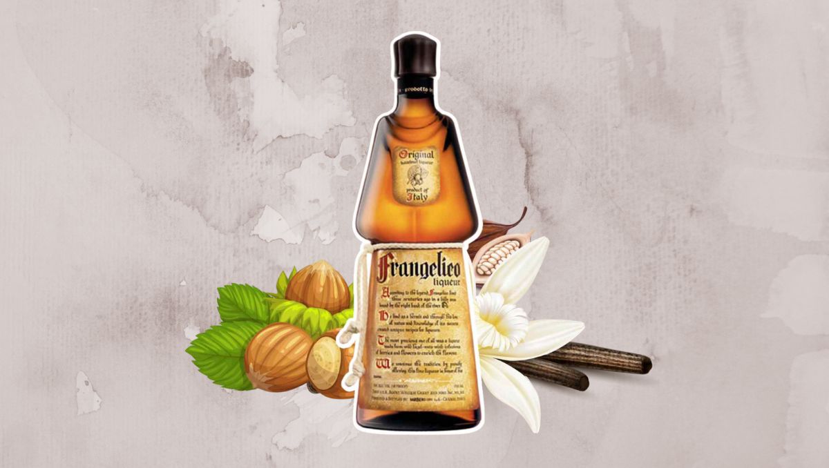Frangelico hazelnut liqueur next to vanilla, hazelnuts, and cocoa
