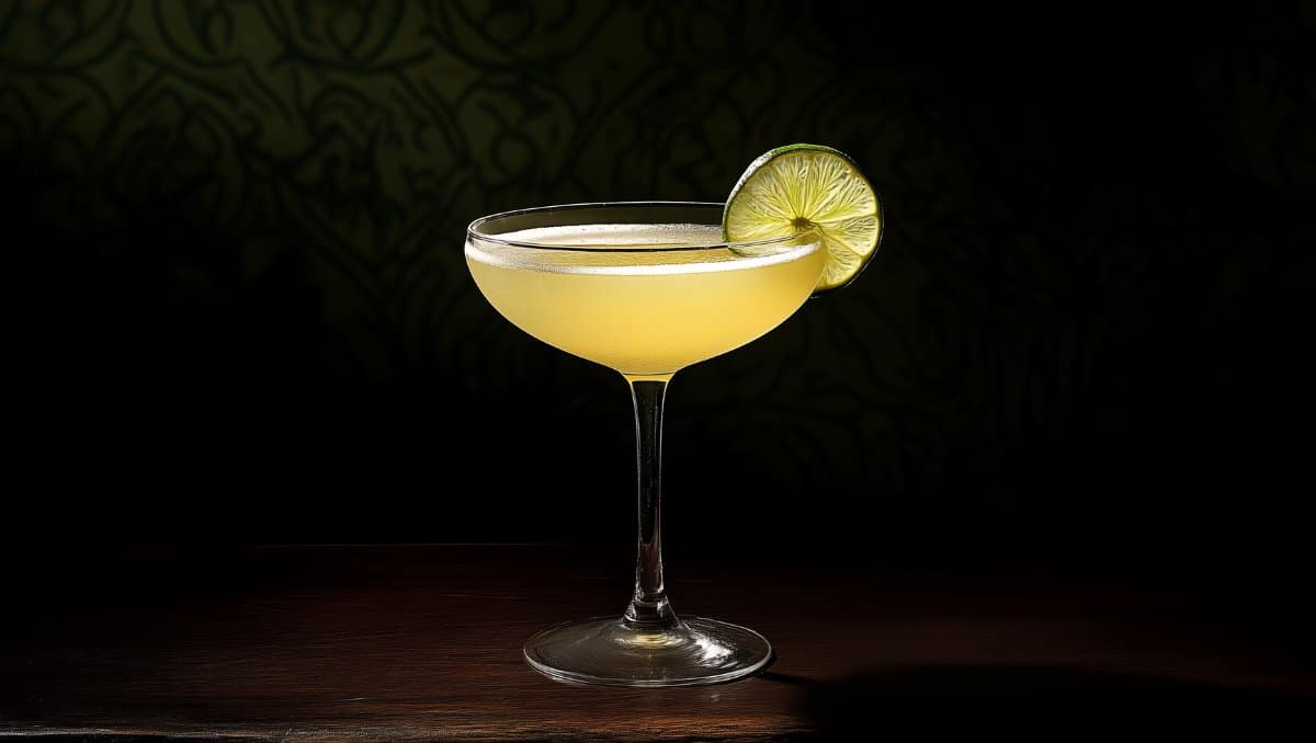 Illegal cocktail aka Illegal Margarita on wooden table with dehydrated lime garnish
