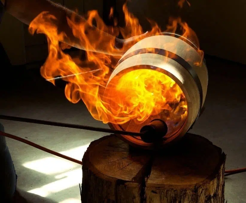 fire charred oak barrel