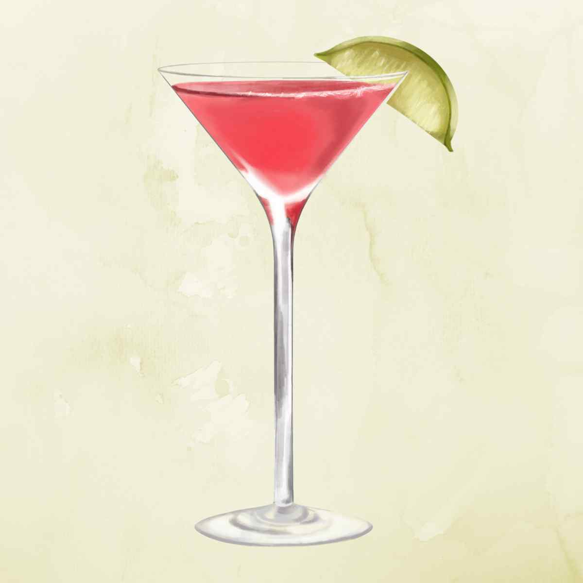 Cosmopolitan cocktail with lime wedge on light green background