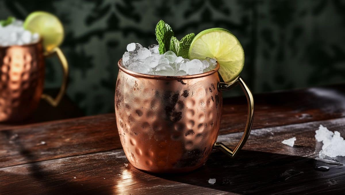 Moscow Mule cocktail served in copper mug with crushed ice and mint sprig