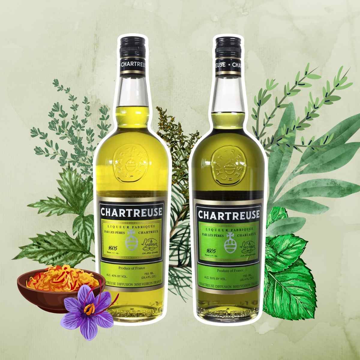 Chartreuse herbal liqueurs - Yellow & Green with herbal ingredients in background