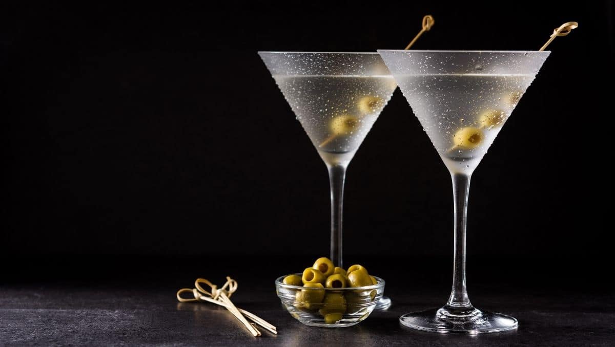 Dry Martini cocktail garnished with olives