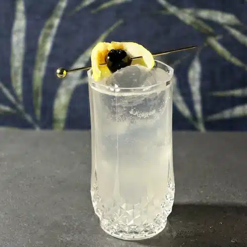 John Collins cocktail garnished with lemon and cherry