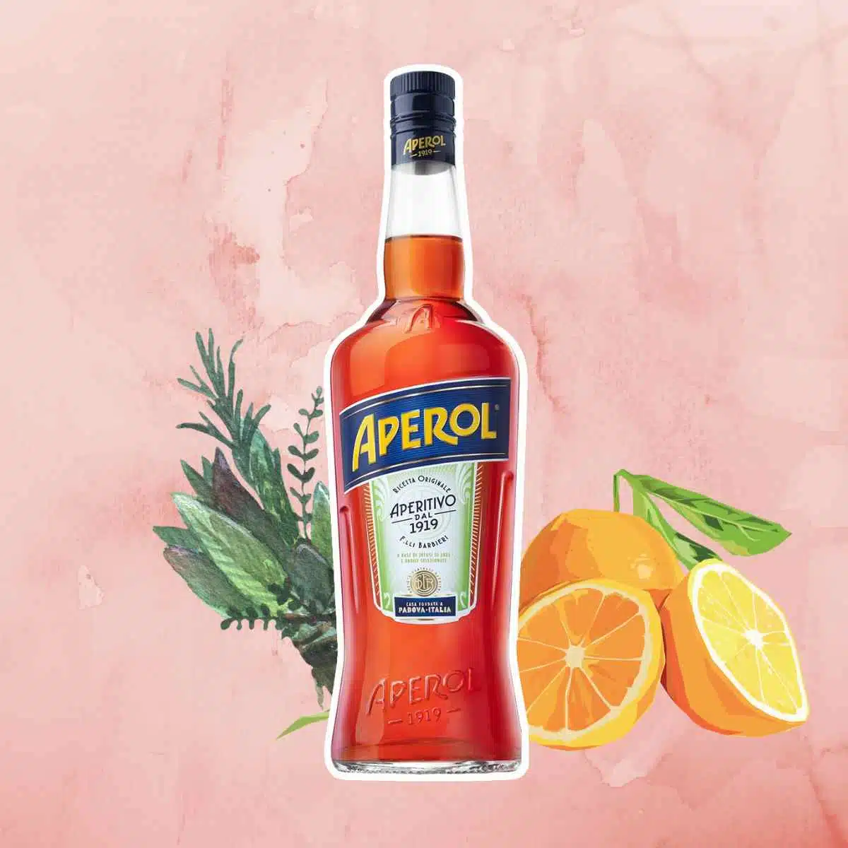 Aperol bottle with orange and herbs in background
