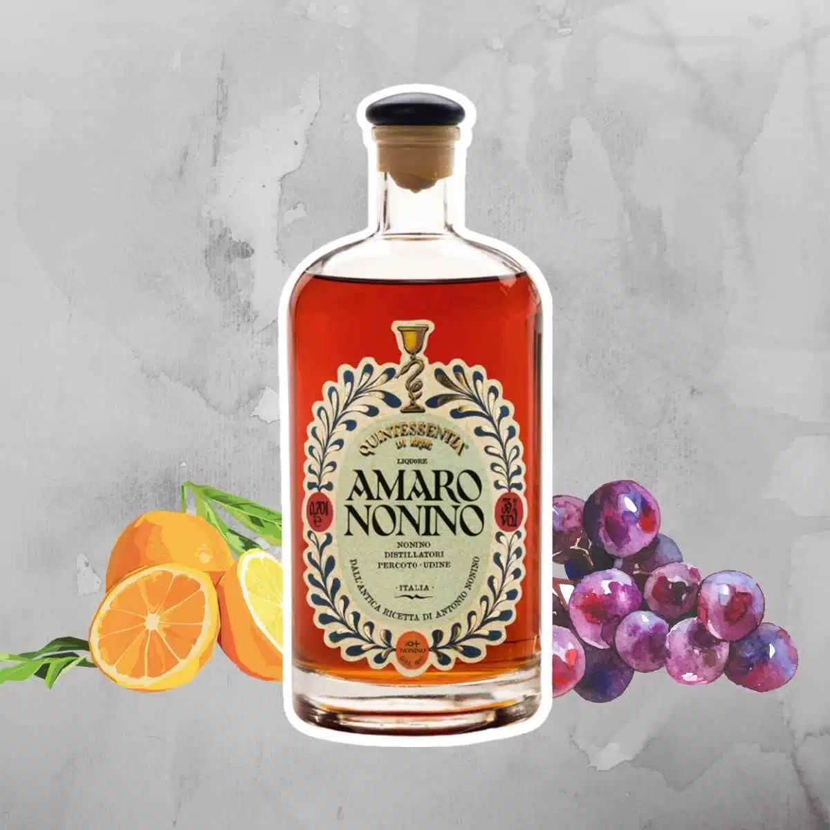 Amaro Nonino bottle with grapes and oranges in background
