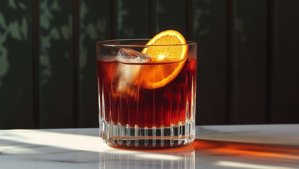 Negroni Sbagliato cocktail garnished with orange slice on dark green background