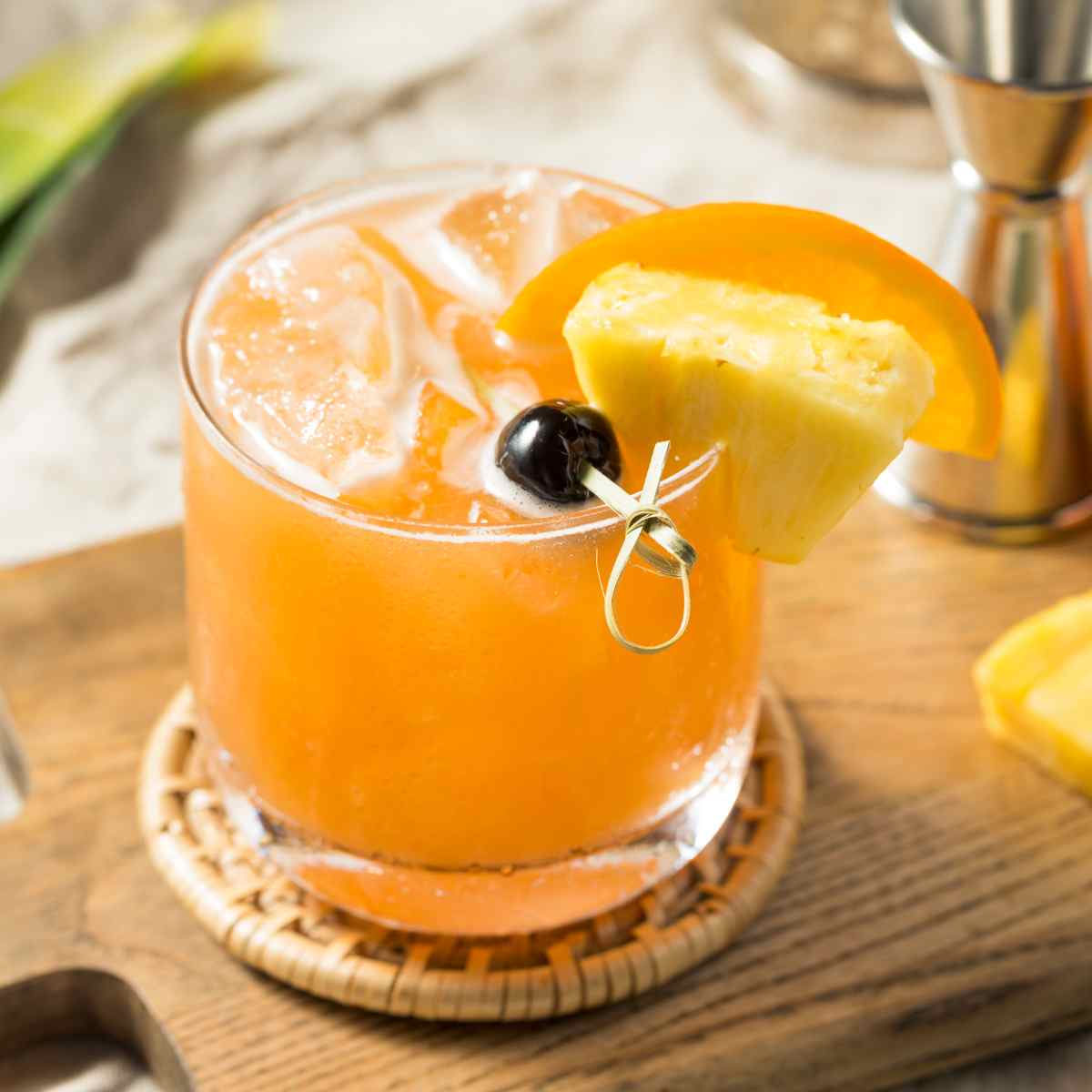 Rum Runner drink on wooden board next to orange