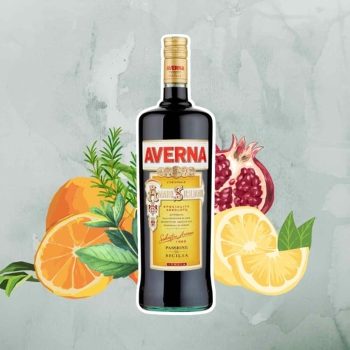 Averna Amaro liqueur next to oranges, lemons, pomegranate, and herbs