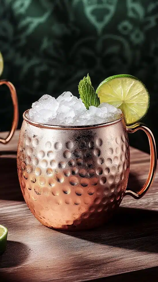 Moscow Mule mocktail served in copper mug served with crushed ice and mint sprig garnish