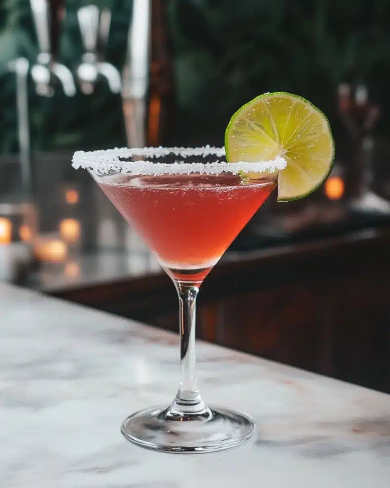 Virgin Cosmo Mocktail served in Martini glass with a sugar rim and lime wheel garnish