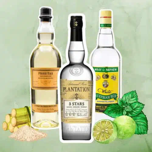 Best Rum for Mojitos - bottles of Plantation 3 Stars, Probitas Blenden, and Wray Nephew overproof Rum on green background