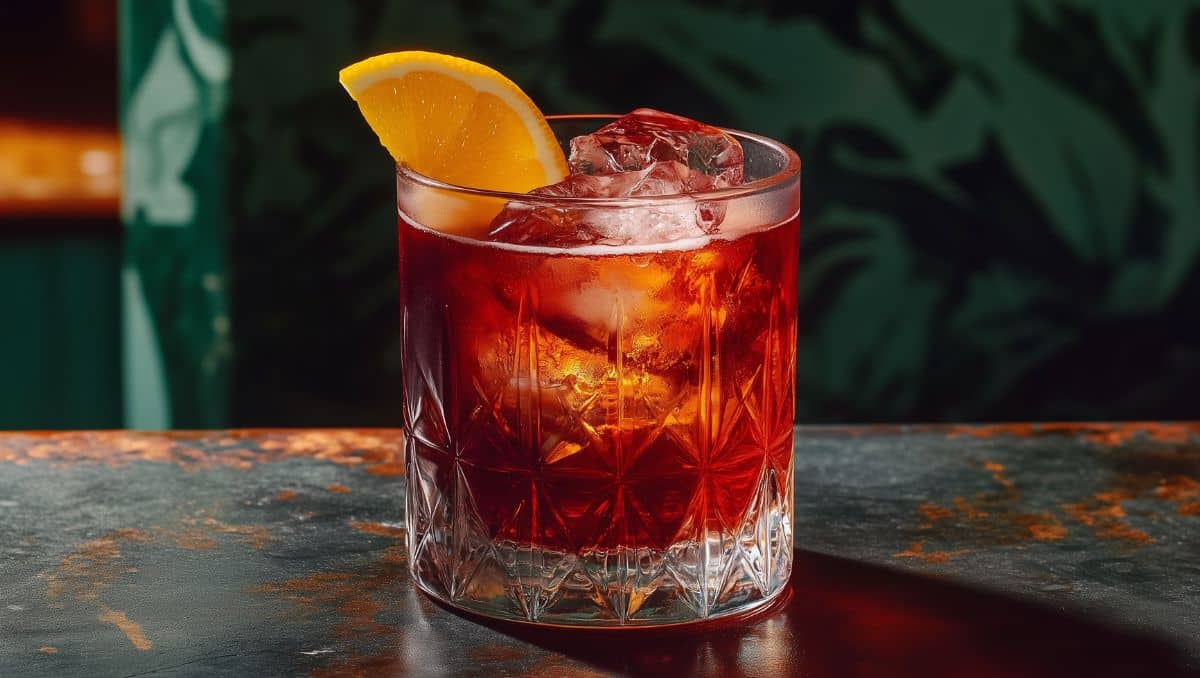 Mezcal Negroni garnished with orange Slice on green background