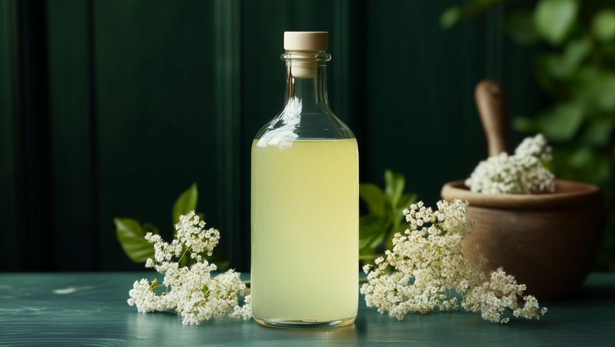 Homemade Elderflower syrup in glass bottle