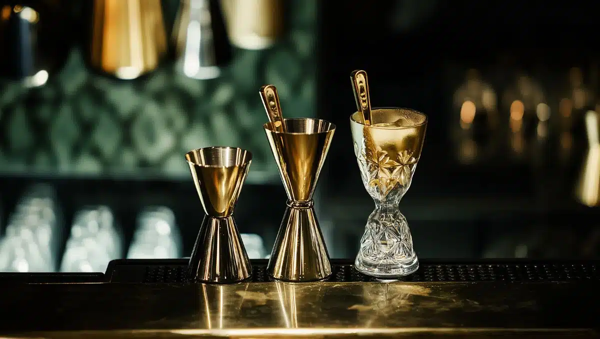 Cocktail jiggers to pour a shot on bar counter