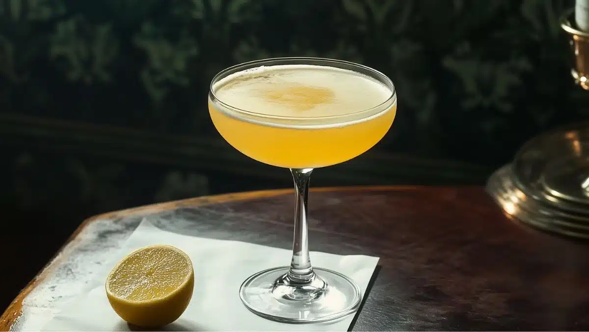 Daisy cocktail in coupe glass with lemon on the side