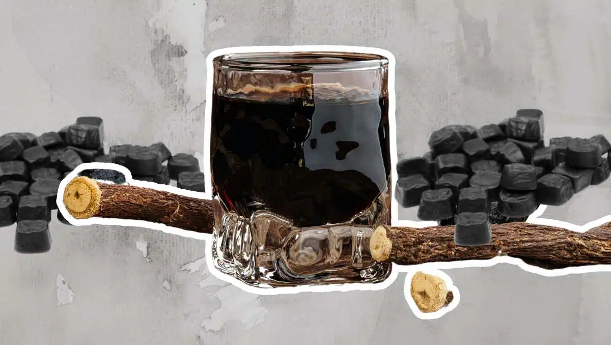 Licorice liqueur with licorice root and black licorice