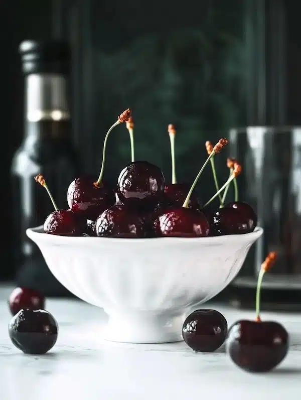 Queen Anne cherries in white ceramic bowl