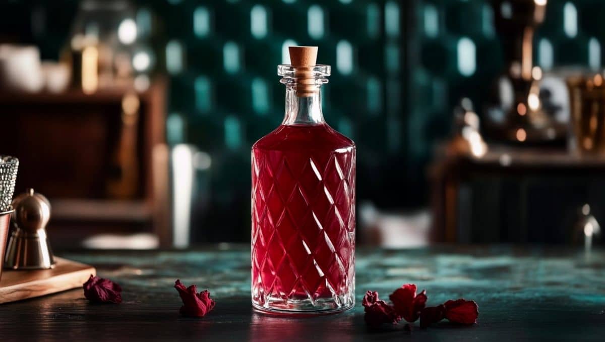 Homemade hibiscus syrup in glass bottle