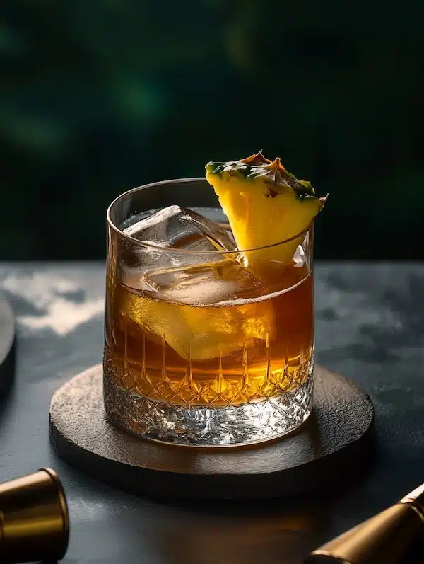 Grilled Pineapple Old Fashioned in a rocks glass garnished with pineapple wedge