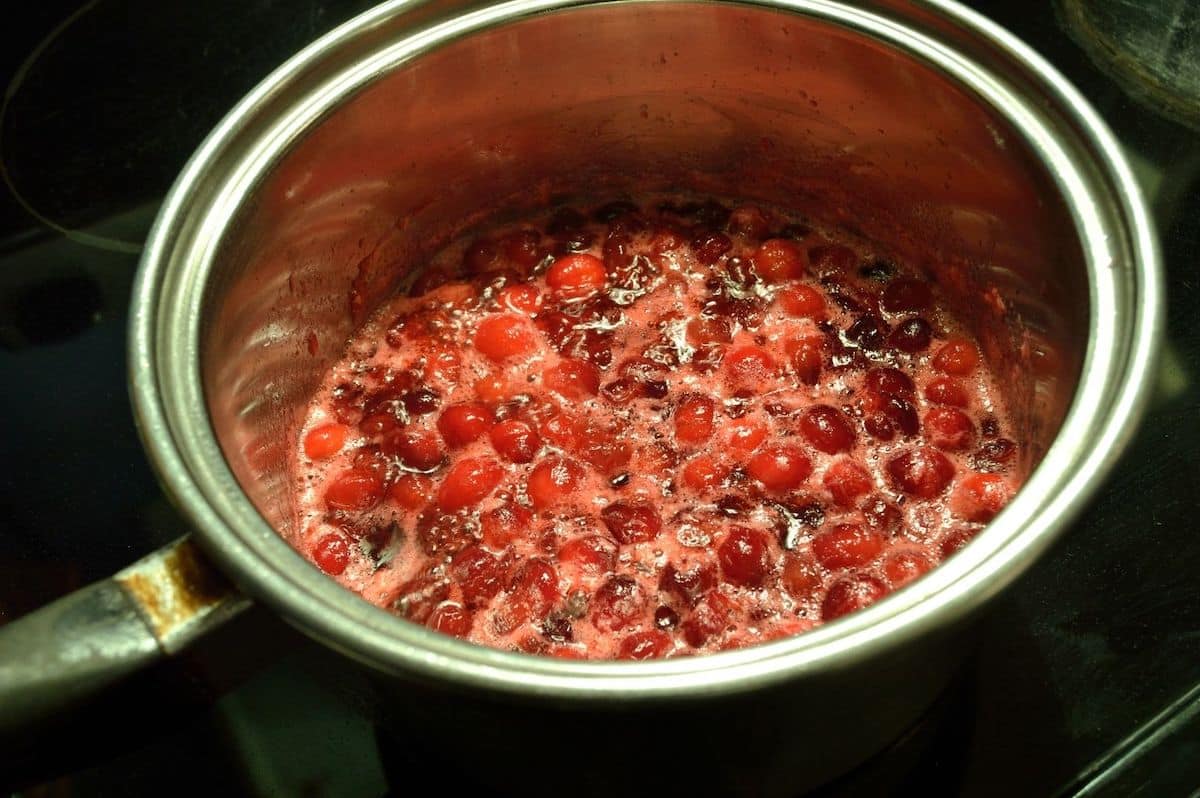DIY Cranberry syrup recipe - cranberries in saucepan