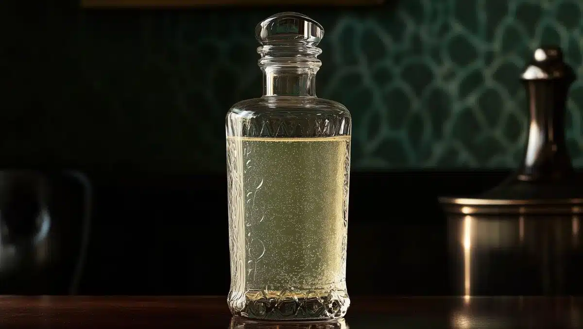 Gomme syrup in glass bottle on bar counter