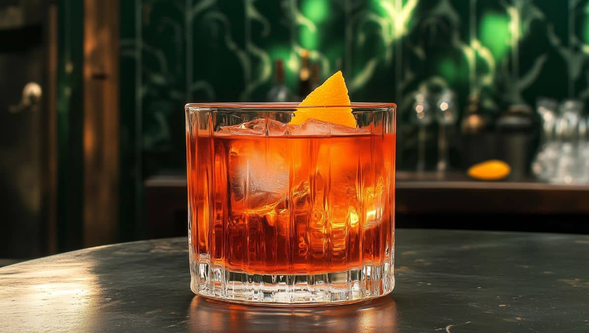 Aperol Negroni cocktail garnished with orange peel served in rocks glass