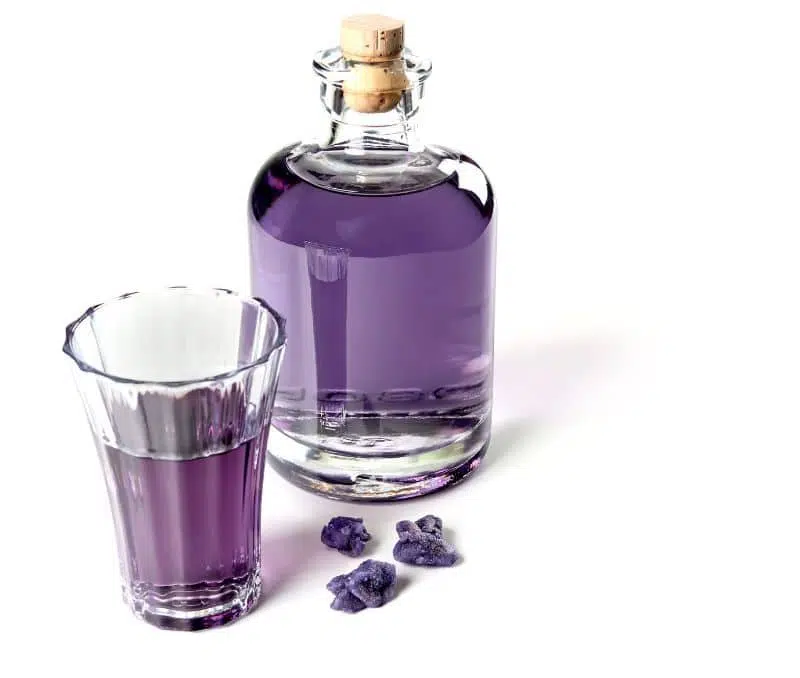 Bottle of violet liqueur