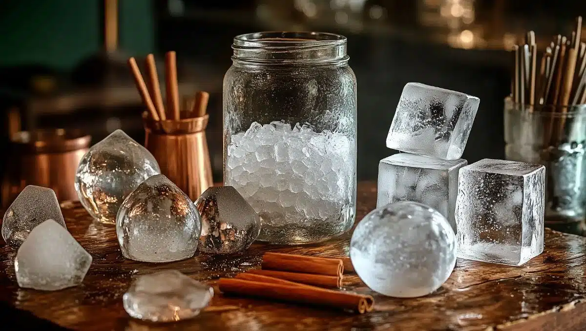 Different types of cocktail ice in one picture on wooden table in front of dark green wallpaper