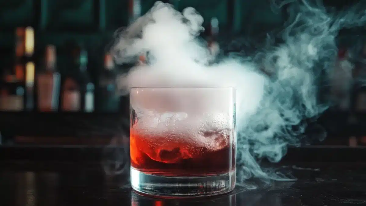 Dry ice in cocktail on dark table with green background
