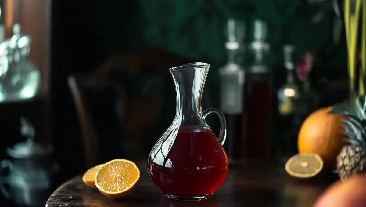 Homemade Fassionola syrup in glass vessel with fruits around the vessel