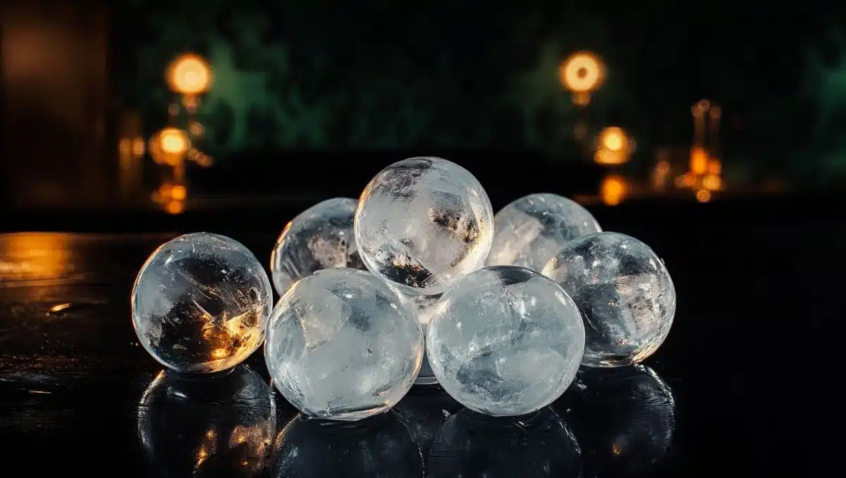 Ice spheres for cocktails on dark bar counter
