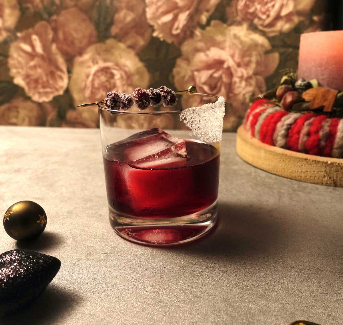 Christmas Rye Old Fashioned cocktail with cranberries