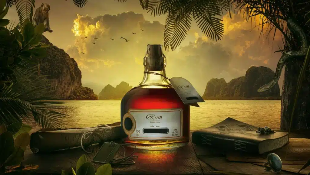 What is rum? Rum bottle with tropical background