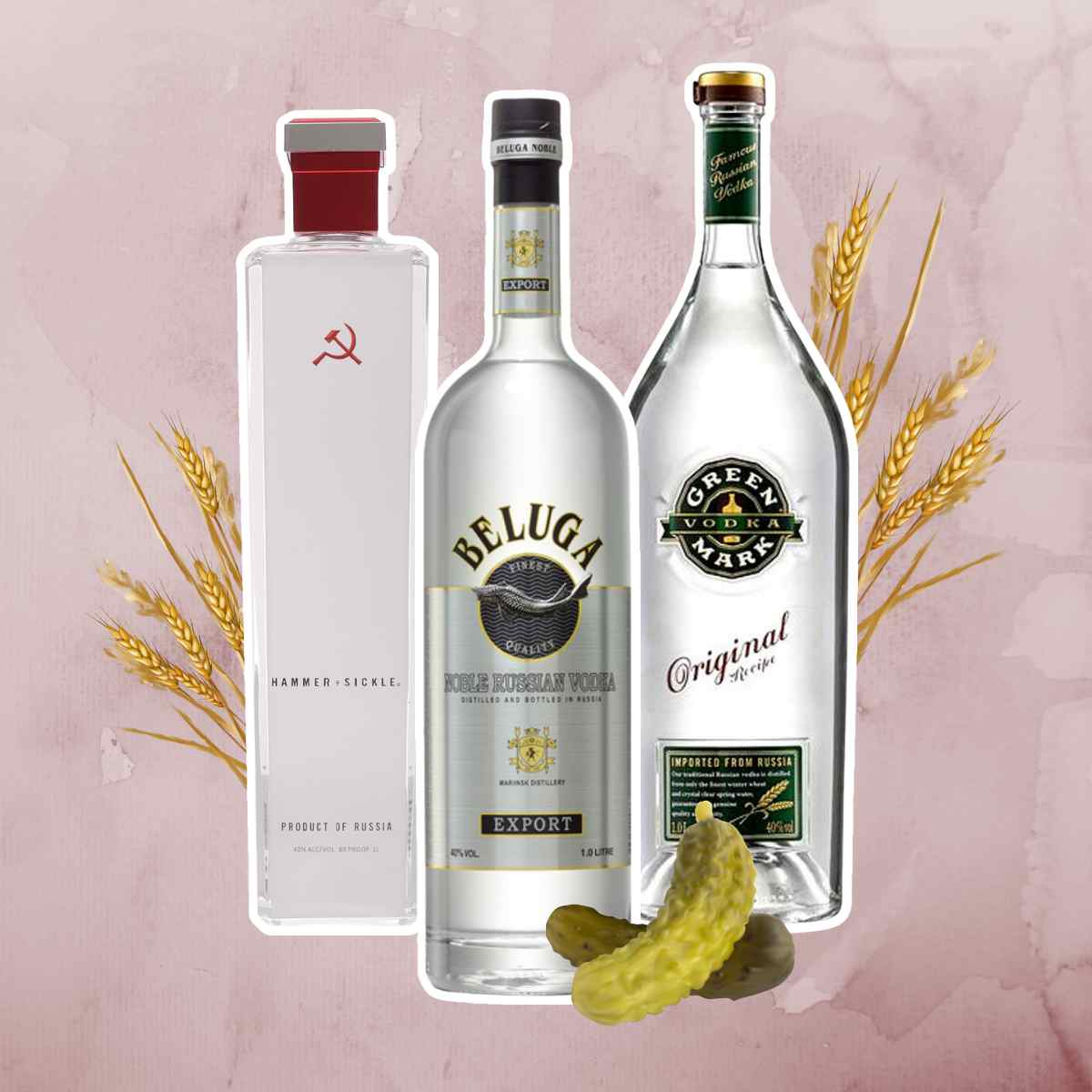 Bottles of the three best Russian Vodka brands - Beluga, Hammer & Sickle, Green Mark
