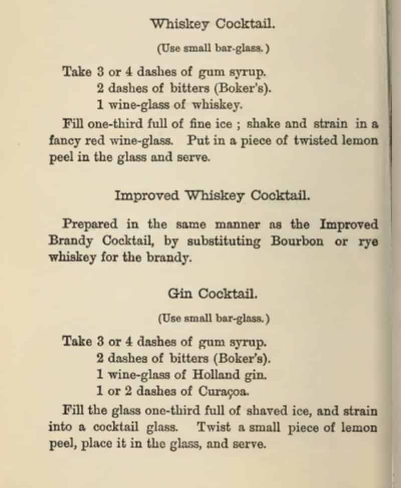 Bartenders Guide 1887 - Recipe for Whiskey cocktail & Gin cocktail