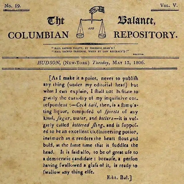 First Definition of a cocktail by The Balance and Columbian Repository, 1806