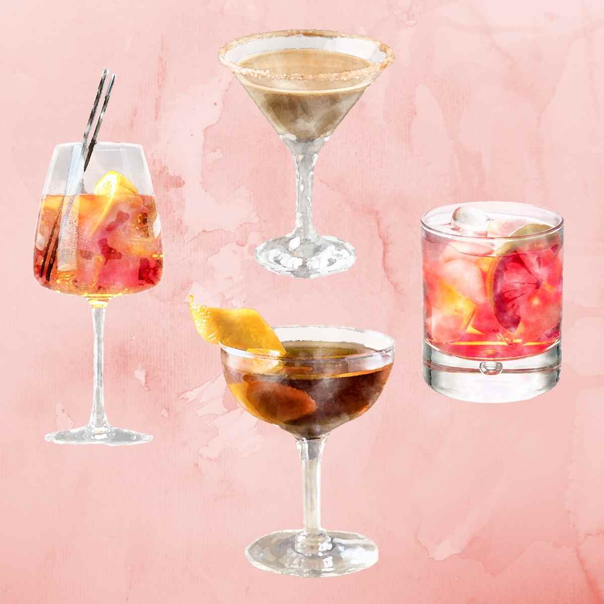 Cocktails in different types of glasses