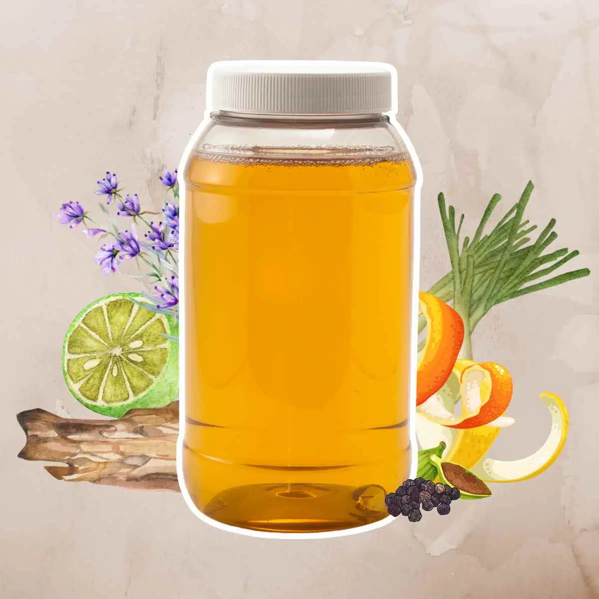 Jar of Homemade Tonic syrup with ingredients in the background