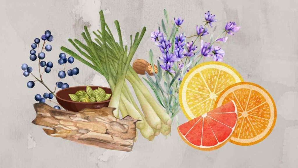 Ingredients of Tonic syrup - lemongrass, juniper, lemon peel, orange zest, grapefruit peel, cardamamom, lavender, cinchona bark